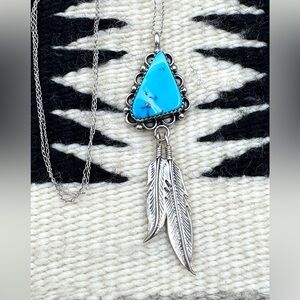 Native American Navajo Sterling Silver Blue Turquoise Feather Pendant Necklace